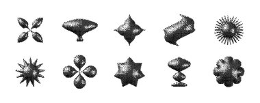 Pikselleştirilmiş 3d Y2K şekil seti. Bitmap yıldızları, çiçekler, parıltılar, dalga elementleri koleksiyonu. Poster, afiş, kolaj, grafik tasarım için 8 bit etiket paketi. Vektör dither geometrik nesne paketi