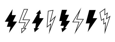 Şimşek seti. Siyah ve anahat gök gürültüsü sembolü koleksiyonu. Poster, afiş, grafik tasarım için şimşek gibi elementler. Ok işaretleri bohça. Vektör paketi