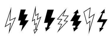 Şimşek seti. Siyah ve anahat gök gürültüsü sembolü koleksiyonu. Poster, afiş, grafik tasarım ve kart için yıldırım elementleri. Ok işaretleri bohça. Vektör