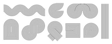 Siyah doğrusal boho tarzı dalgalar ve şekiller ayarlandı. Yüzyılın ortalarında eğriler ve kemer koleksiyonu. Grafik tasarım şablonu, poster, afiş ve kapak için dekoratif çizgi elementleri. Vektör dalgalı zikzak biçimleri