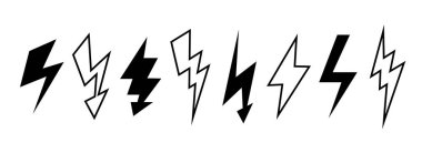 Siyah ve beyaz şimşek seti. Şimşek sembolü koleksiyonu. Poster, afiş, grafik tasarım ve kart için yıldırım elementleri. Ok işaretleri bohça. Vektör