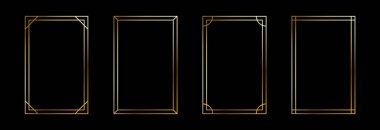 İnce altın çerçeve. Sanat deco tarzında altın dikdörtgen sınır koleksiyonu. İnce doğrusal parlayan dikdörtgen şekil demeti. Fotoğraflar, kadrolar, posterler, kartlar için parlayan parlak yatılı eleman paketi. Vektör