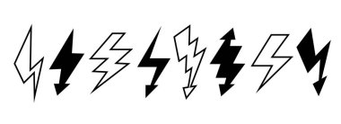 Siyah ve beyaz yıldırımlar ayarlandı. Yıldırım sembolleri koleksiyonu. Şimşek elementleri poster, afiş, grafik tasarım ve kart için paketlenir. Ok işaretleri bohça. Vektör