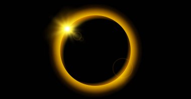 Sarı gezegen tutulması konsepti. Güneş ışığı parlama etkisi. Karanlık uzayda parlayan soyut güneş tacı. Alevli kenarlı toprak halkası. Poster, afiş, kapak, broşür, kitapçık için vektör illüstrasyon tasarımı