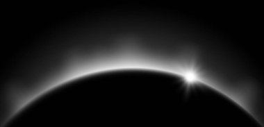 Beyaz gezegen tutulması konsepti. Güneş ışığı gümüş parıltısı etkisi. Karanlık uzayda parlayan gündoğumu ufku. Parlak kenar toprak halesi. Poster, afiş, kapak, broşür, kitapçık için vektör illüstrasyon tasarımı