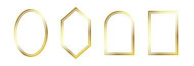 İnce altın çerçeve. Sanat deco tarzında altın geometrik sınır koleksiyonu. İnce doğrusal parlak şekil demeti. Fotoğraflar, kadrolar, posterler, kartlar için parlayan parlak yatılı eleman paketi. Vektör