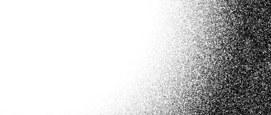 Siyah noktalı eğim dokusu. Grunge noktalı ses arkaplanı. Siyah kumlu kumlu yarım tonlu kaplama. Eğri büğrü püskürtülmüş noktalı tanecikler, toz, noktalar, benekler. Vektör