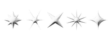 Siyah benekli yıldız koleksiyonu. 3D noktalı kıvılcımlar ve parıltılar ayarlandı. Yarım ton taneli ses, yıldız patlaması şeklinde. Dot work grunge yıldız ve yıldız unsurları poster, afiş, el ilanı için. Vektör