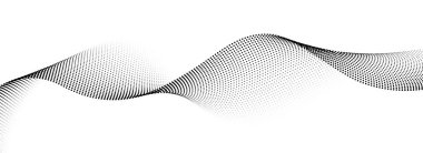 Noktalı dalga çizgileri arka planda. Siyah yarım tonda dalgalanma. Poster, afiş, sunum, kitapçık için eğri çizgili gradyan tasarım ögesi. Soyut akan parçacık nokta çizgi duvar kağıdı. Vektör