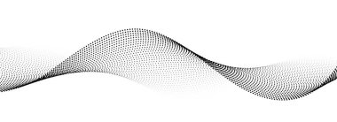 Noktalı dalgalı arka plan. Siyah yarım tonda dalgalanma. Poster, afiş, sunum, kitapçık için eğri çizgili gradyan tasarım ögesi. Soyut akışkan parçacık dalga duvar kağıdı. Vektör