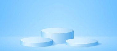 Açık mavi arkaplanda üç podyum var. Stüdyo 3D sahne konsepti. Poster, afiş, model tasarımı, ürün şablonu, vitrin görüntüsü için yumuşak silindir kaidesi sahnesi. Vektör