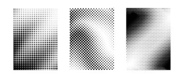 Grunge yarım ton gradyan seti. Siyah kum tanecikleri ve gürültü dokusu koleksiyonu. Retro noktalı pikselli arka plan paketi. Pankart, poster, baskı için raster efektiyle örtüşen komik polka noktaları. Vektör