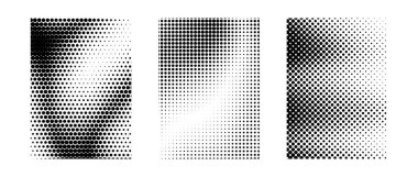 Grunge yarım ton gradyan seti. Siyah kum tanecikleri ve gürültü dokusu koleksiyonu. Retro noktalı piksel arka plan paketi. Pankart, poster, el ilanı için raster efektiyle kaplanmış karikatür benekli nokta. Vektör