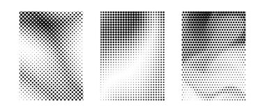 Grunge yarım ton eğim seti. Siyah kum tanecikleri ve gürültü dokusu koleksiyonu. Retro noktalı piksel arka plan paketi. Çizgi film polka noktası arka planda pankart, poster ve el ilanları için raster efekti ile örtüşüyor. Vektör