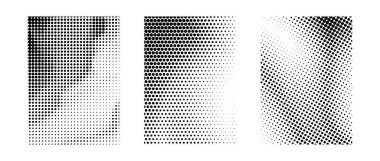 Farklı Grunge yarım ton gradyan seti. Siyah kum tanecikleri ve gürültü dokusu koleksiyonu. Retro noktalı piksel arka plan paketi. Pankart, poster ve el ilanları için raster efektiyle kaplanmış komik polka noktaları. Vektör