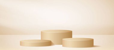 Açık bej renkli üç podyum arkaplan. Stüdyo 3D sahne konsepti. Poster, afiş, model tasarımı, ürün şablonu, vitrin görüntüsü için yumuşak kahverengi silindir kaidesi sahnesi. Vektör