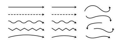 Siyah oklar hazır. Dalgalı ve zigzag ok koleksiyonu. Doodle ince noktalar ve yön çizimleri çizdi. Eğri ve düz çizgili çizgili tasarım elemanları el ilanı, poster ve broşür için paketler halinde. Vektör