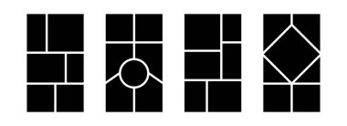 Resim kolajı şablon seti. Siyah mozaik ruh hali şebekesi koleksiyonu. Resim kompozisyon düzenlemesi. Pankart, poster, maket, broşür, hafıza duvarı tasarımı için fotoğraf albümü fikri. Vektör