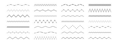 Dalgalanma ve zig zag çizgisi ayarlandı. Noktalı bölücüler veya ayrıştırıcılar element koleksiyonu dizayn ederler. Altı çizili, vurgulanmış, vurgulanmış. Tekrarlanan çizgi zikzak çizgileri. Vektör