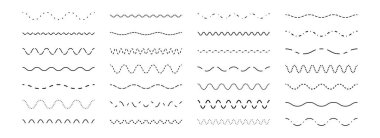 Kesik dalga hattı hazır. Noktalı bölücüler veya ayrıştırıcılar element koleksiyonu dizayn ederler. Kırık dalgalı vuruş paketi altı çizili, vurgulu, vurgulu. Tekrarlanan çizgi zikzak çizgileri. Vektör