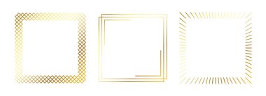 Altın ince çerçeve. Art deco tarzında altın kare kenarları var. İnce doğrusal parlaklık dikdörtgen element koleksiyonu. Parlak sarı pansiyoner çantası. Fotoğraf, kadro, poster, kart için vektör destesi 