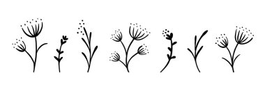 Siyah çiçek çizimleri ayarlandı. El yapımı botanik elementler koleksiyonu. Dekorasyon için karalama çiçekleri, yapraklar ve dallar. Basit bitkiler ve bitkiler. Vektör