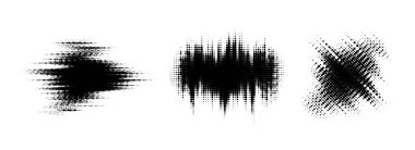 Arıza yarım ton ögesi ayarlandı. Nokta dokusu geometrik form koleksiyonu. Grunge sancak, poster, kolaj, kaplama, etiket, etiket için soyut çizgi roman şekilleri bulanıklaştırıyor. Bozulmuş vektör paketi