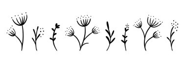 Siyah çiçek çizimleri ayarlandı. El yapımı botanik elementler koleksiyonu. Dekorasyon için karalama çiçekleri, yapraklar ve dallar, grafik tasarım. Basit bitkiler ve bitkiler. Vektör