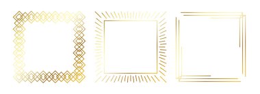 Altın ince çerçeveler ayarlandı. Sanat deco tarzında altın kare kenarlar. İnce doğrusal parlaklık dikdörtgen element koleksiyonu. Parlak sarı pansiyoner çantası. Fotoğraf, kadro, poster, kart için vektör destesi