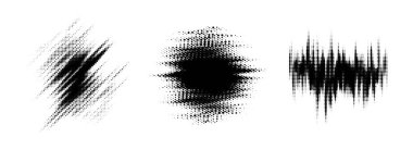 Arıza yarım ton ögesi ayarlandı. Noktalı doku geometrik form koleksiyonu. Pankart, poster, kolaj, kaplama, etiket, kutu, leke için Grunge pürüzlü çizgi roman şekilleri. Sıkıntılı vektör paketi