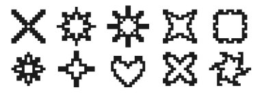 Pikselleşmiş yıldızlar ve çiçek elementi ayarlandı. Siyah 8-bit piksel sanat koleksiyonu. Retro ikili ışıltı, parlama, patlama, parıltılı geometrik form paketi. Y2K biçiminde piksel simgesi paketi. Vektör illüstrasyonu
