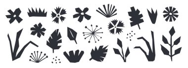 Organik kağıt koleksiyonunu kes. Siyah soyut çiçek kolajı seti. Bakım bitkileri, çiçekler, dekorasyon için tomar tomar, poster, afiş, baskı. Çocuk illüstrasyon paketi. Vektör