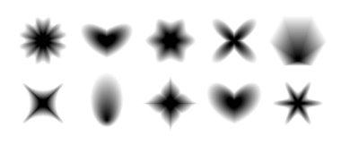 Black smooth blurred gradient form set. Grunge goth blurry aura shape collection. Fading abstract elements for poster, template, badge, sticker, collage. Vector flowers, stars, hearts and diamond pack