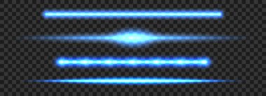 Parlak mavi neon lamba seti. Açık mavi çizgi ışın koleksiyonuna öncülük etti. Parlak parlak floresan çubuk çizgileri. Bölmek, ayırmak, dekore etmek için parlayan soğuk renkli şerit elementler. Vektör