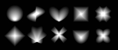 Siyah pürüzsüz bulanık eğim biçimi. Grunge bulanık aura şekil koleksiyonu. Poster, şablon, rozet, çıkartma, kolaj için solan soyut öğeler. Vektör çiçekler, yıldızlar, kalpler ve haç paketi