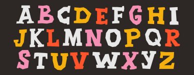 Kağıt alfabe koleksiyonunu keser. Renkli serif harf kolajı seti. Dekorasyon, poster, afiş ve baskı için el işi yazı tipi elementleri. Fidye stili büyük ABC paketi. Vektör 