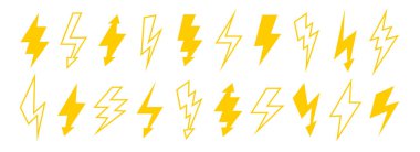 Sarı şimşek seti. Katı ve özet gök gürültüsü sembolü koleksiyonu. Poster, afiş, grafik tasarım ve kart için yıldırım elementleri. Turuncu ok işaretleri. Vektör