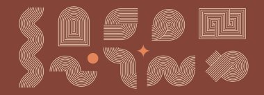 Boho hattı ögesi ayarlandı. Kahverengi dalga, zigzag ve kemer biçimi tasarımı. Orta yüzyıl kavisleri ve kavisleri koleksiyonu. Rozet, ikon, poster, pankart ve şablon için bohem dekoratif şekil paketi. Vektör