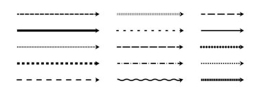 İnce kesilmiş ok seti. Siyah uzun noktalı ok koleksiyonu. Broşür, poster, broşür, broşür ve afiş için doğrusal şerit ögesi paketi. Doodle işaretler ya da yön çizgileri çizdi. Vektör