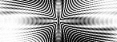 Siyah eşmerkezli daire dokusu. Radyal geometrik şablon arka planı. Doğrusal merkez üssü, radar ya da hedef kavramı. Broşür, şablon, poster ve kaplama için yuvarlak dalgalı halka duvar kağıdı. Vektör