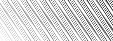 Siyah ve beyaz kavisli çizgili duvar kağıdı. Dalgalı çizgi gradyanı. Değişen dalga yarım ton derecelendirmesi. Kaplama, baskı, kapak, grafik tasarımı için ince zik zag vuruşu arka planı. Vektör