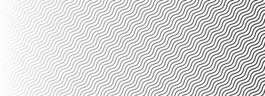 Siyah kavisli şerit doku eğrisi. Dalga çizgisi desenli duvar kağıdı. Solan dalgalı doğrusal yarım ton derecelendirme. Kaplama, baskı, kapak, grafik tasarımı için ince zik zag vuruşu arka planı. Vektör