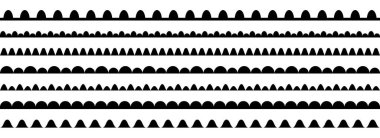 Dalgalı tekrarlanan sınır çizgisi ayarlandı. Dekorasyon, afiş ve poster için kabarmış şekil çerçeve koleksiyonu. Bölmek ya da ayırmak için kenarları pürüzsüz çizgiler. Siyah karalamalı vuruş paketi. Vektör