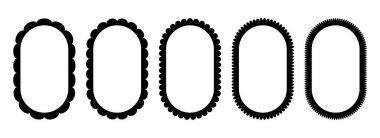 Dalgalı kenar elips çerçeve koleksiyonu. Tırtıklı deniz tarağı oval sınır elementi ayarlandı. Dekorasyon, afiş, poster, şablon, çıkartma ve rozet için siyah dalgalı grafik tasarım şablonları. Vektör vintage demeti