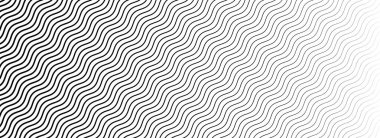 Siyah dalgalı doku eğimi. Dalga çizgisi desenli duvar kağıdı. Eğimli çizgisel yarım ton derecelendirmesi azalıyor. Kaplama, baskı, kapak, grafik tasarımı için ince ve kalın bir zigzag çizgili arkaplan. Vektör
