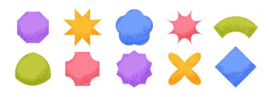 Gürültü çıkartması şekil koleksiyonu. İlkel geometrik etiket paketi. Parlak desenli yama paketi. Fiyat etiketi ve satış promosyonu için bir dizi soyut boş rozet. Vektör tasarım ögeleri ayarlandı