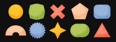 Parlak çıkartma şekli koleksiyonu. İlkel geometrik etiket paketi. Çocuk yama elementi desenli. Fiyat etiketi ve satış promosyonu için bir dizi soyut boş rozet. Vektör