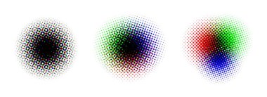 Arka plan yarım ton. RGB rengi yarım ton şekilli. Grunge mürekkebi lekeleri ve lekeleri temizler. RGB desenli pikselli çember gradyan koleksiyonu. Yazdırma hatası. Vektör