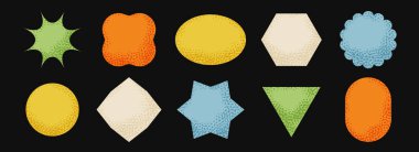 Parlak çıkartma şekli koleksiyonu. İlkel geometrik etiket paketi. Çocuksu desenli yama parçası. Fiyat etiketi ve satış promosyonu için bir dizi soyut boş rozet. Vektör