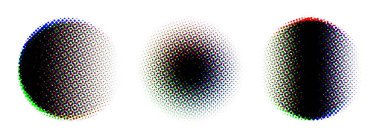 Yarım tonluk eğim arka plan seti. RGB desenli pikselli çember çizimi. RGB rengi solmuş şekiller. Grunge mürekkebi lekeleri ve lekeleri temizler. Yazdırma raster arızası. Vektör